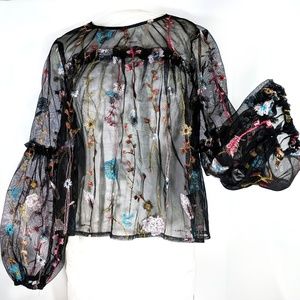 Black sheer floral embroidered top